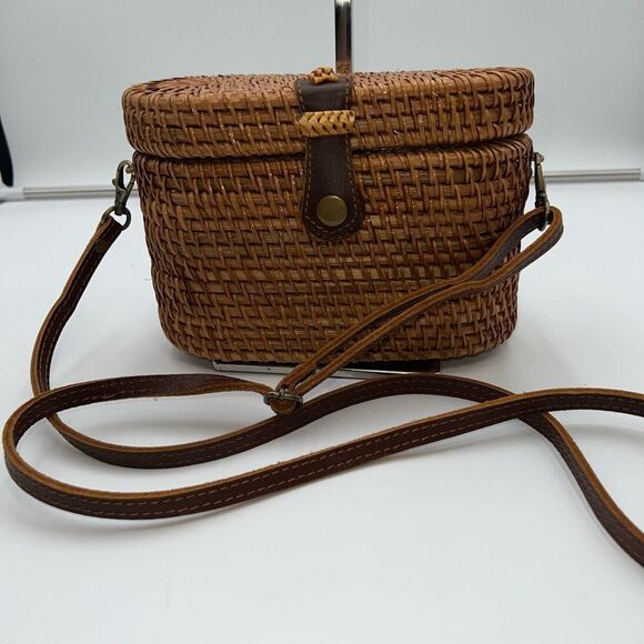 Vintage Handmade Wicker Basket and Leather Crossbody Bag - Picture 1 of 16